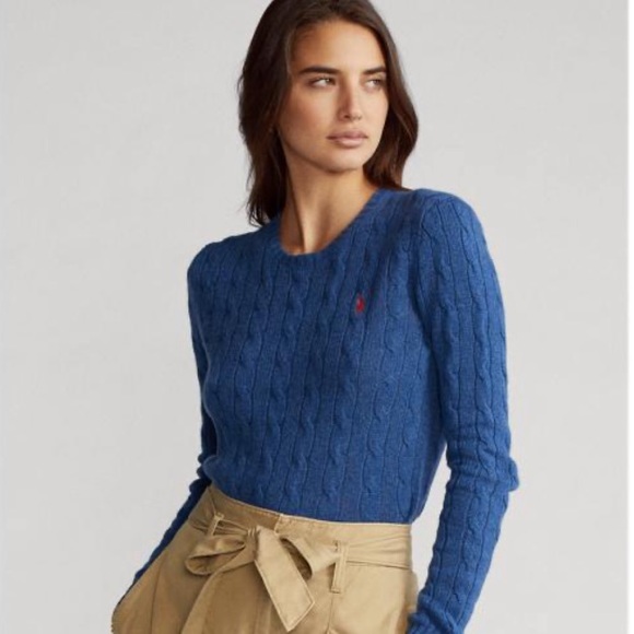 RALPH LAUREN Blue Cable Knit V-Neck Sweater Embroidered Orange Polo Pony XL NEW! - Picture 5 of 10